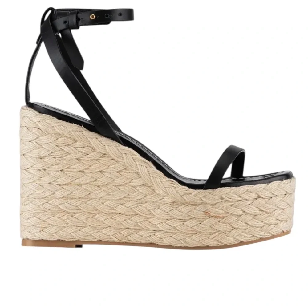 FRAME Black Leather Espadrille Platform‎ Wedge Sandals Ankle Strap Size 10 EU 41